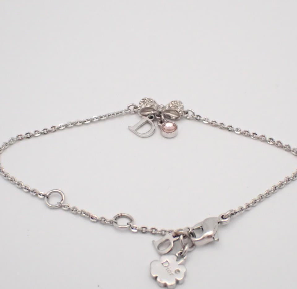 Vintage Dior Silver Bow Pink Crystal “D” Bracelet