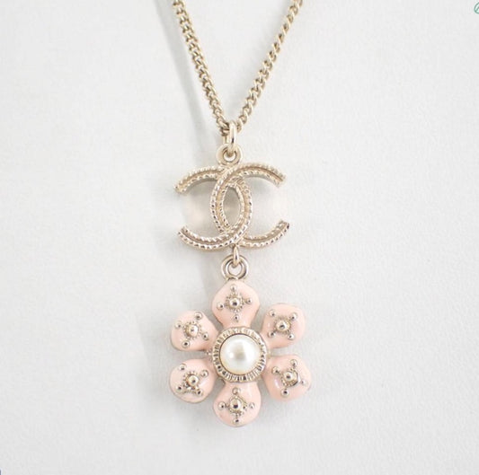 Chanel 2018 Pink Enamel Flower & Pearl CC Logo Necklace