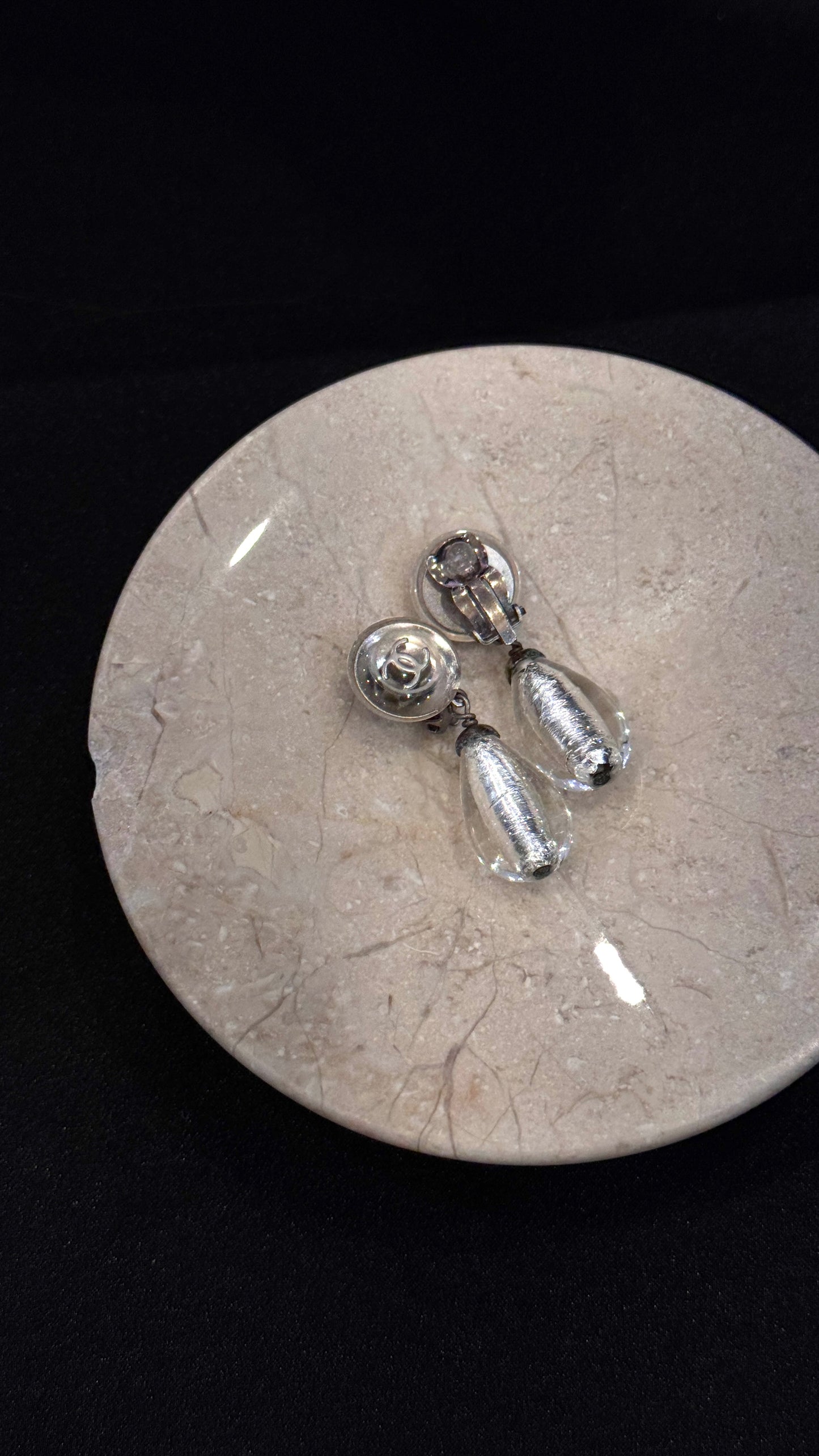 Chanel 1999 Rare CC Glass Drop Earrings (Silver Tone)