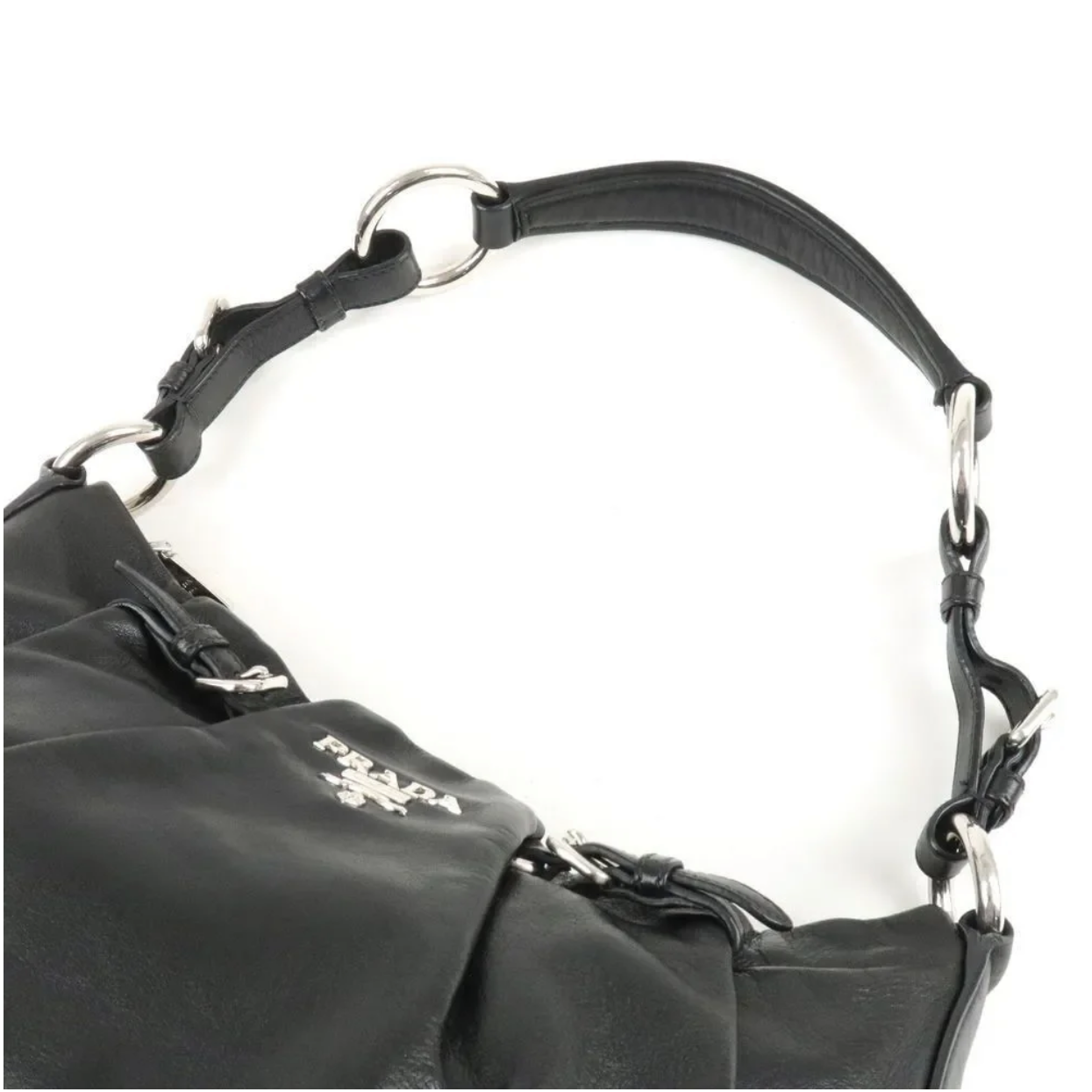 Vintage Prada Black Lambskin Ruched Shoulder Bag with Silver Hardware (Rare piece)