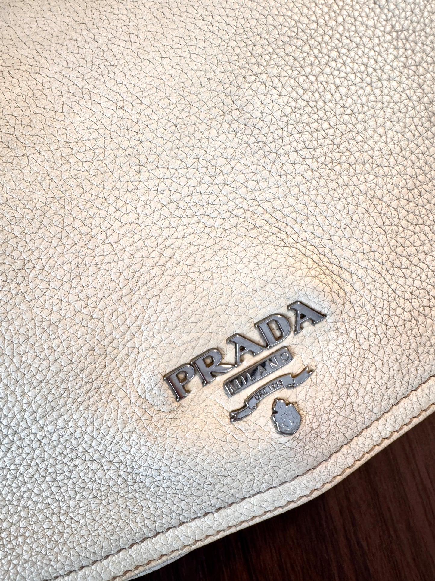Vintage Prada Cream Pebbled Leather Shoulder Bag with Silver Hardware