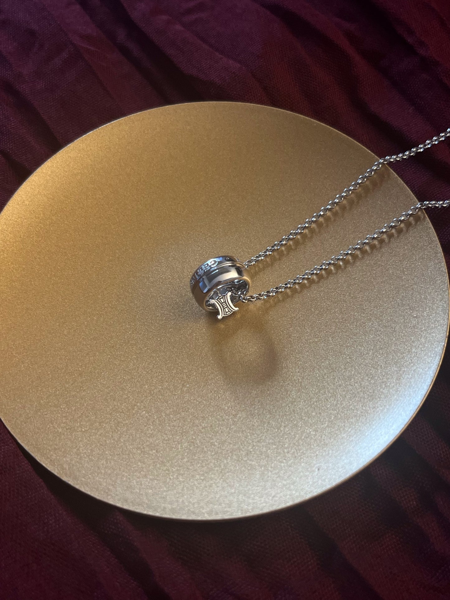 CELINE 925 Sterling Silver Logo Ring Pendant Necklace