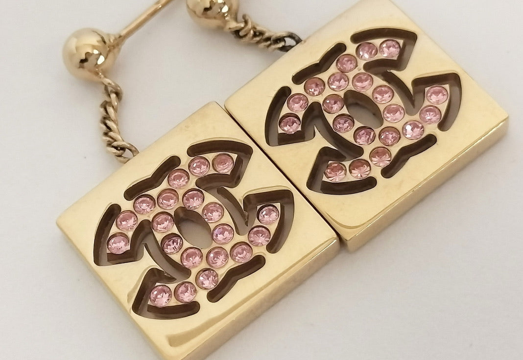 Chanel Gold-Tone Pink Crystal CC Drop Earrings