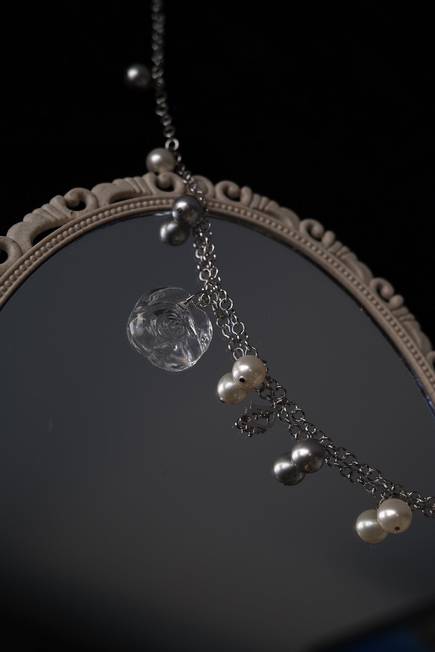 Dior Vintage Glass Rose & Pearl Charm Necklace (Silver Tone)