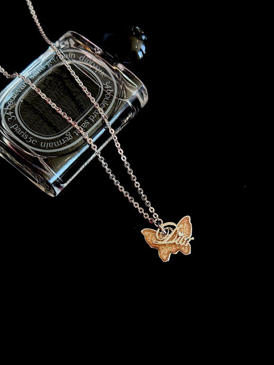 Dior Orange Enamel Sequin Butterfly Necklace with Dangling Logo