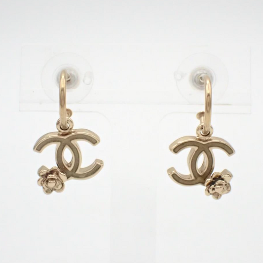 Chanel 2006 "Gilded Bloom" Camellia CC Logo Gold-Tone Drop Earrings