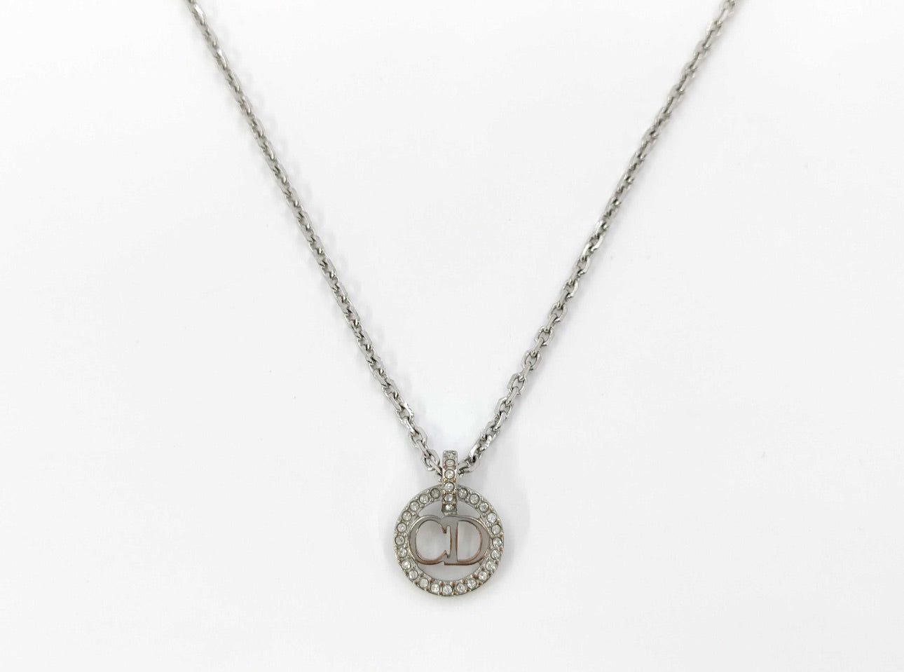 Dior Vintage Silver-Tone CD Crystal Circle Necklace