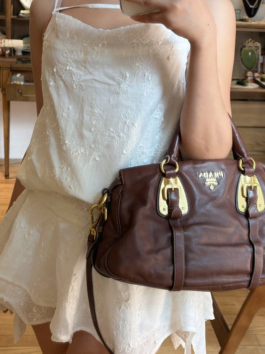 Prada Leather Top Handle Satchel – Dark Brown