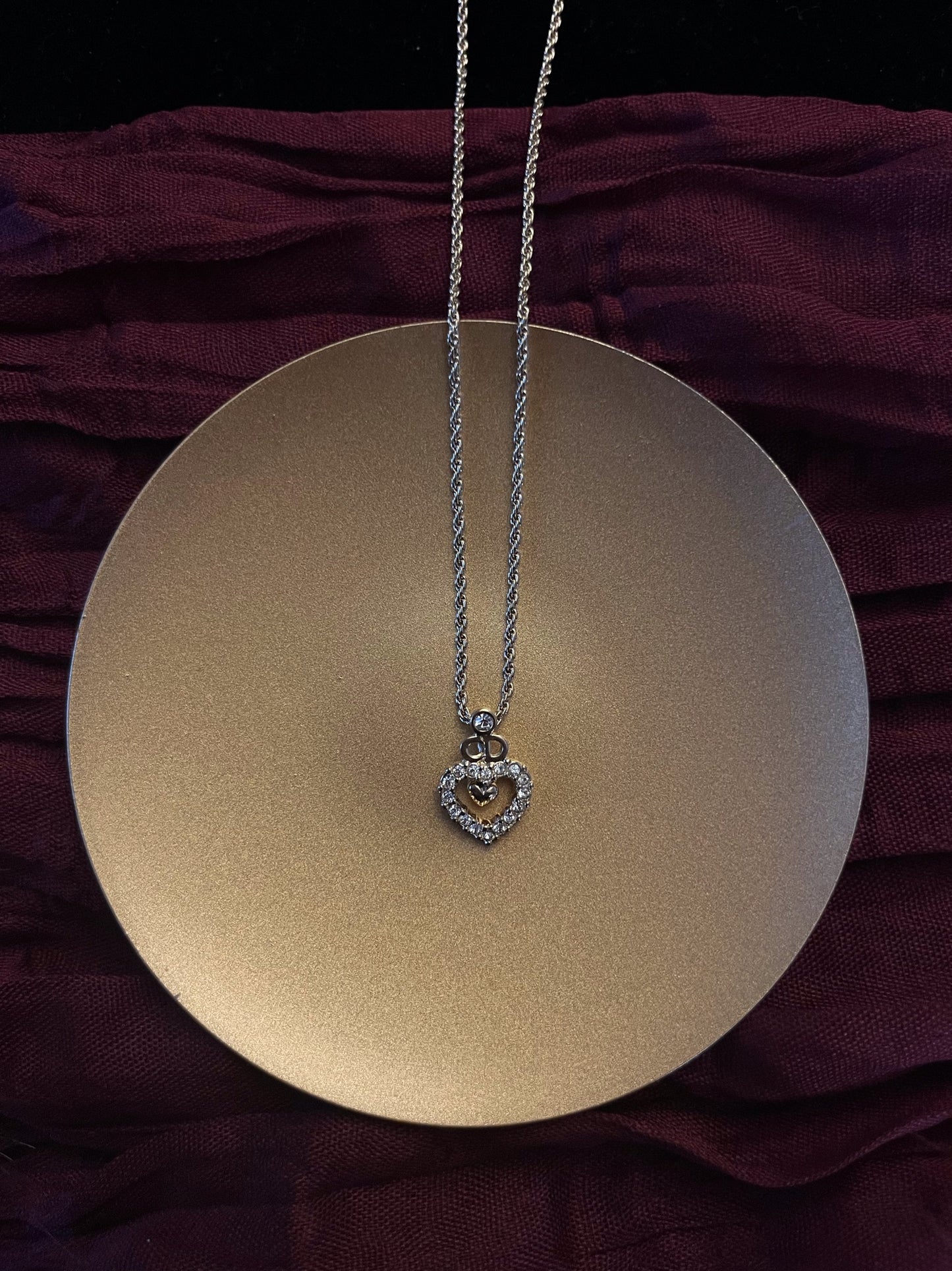 Vintage Dior Gold-Tone Openwork CD Heart Rhinestone Necklace