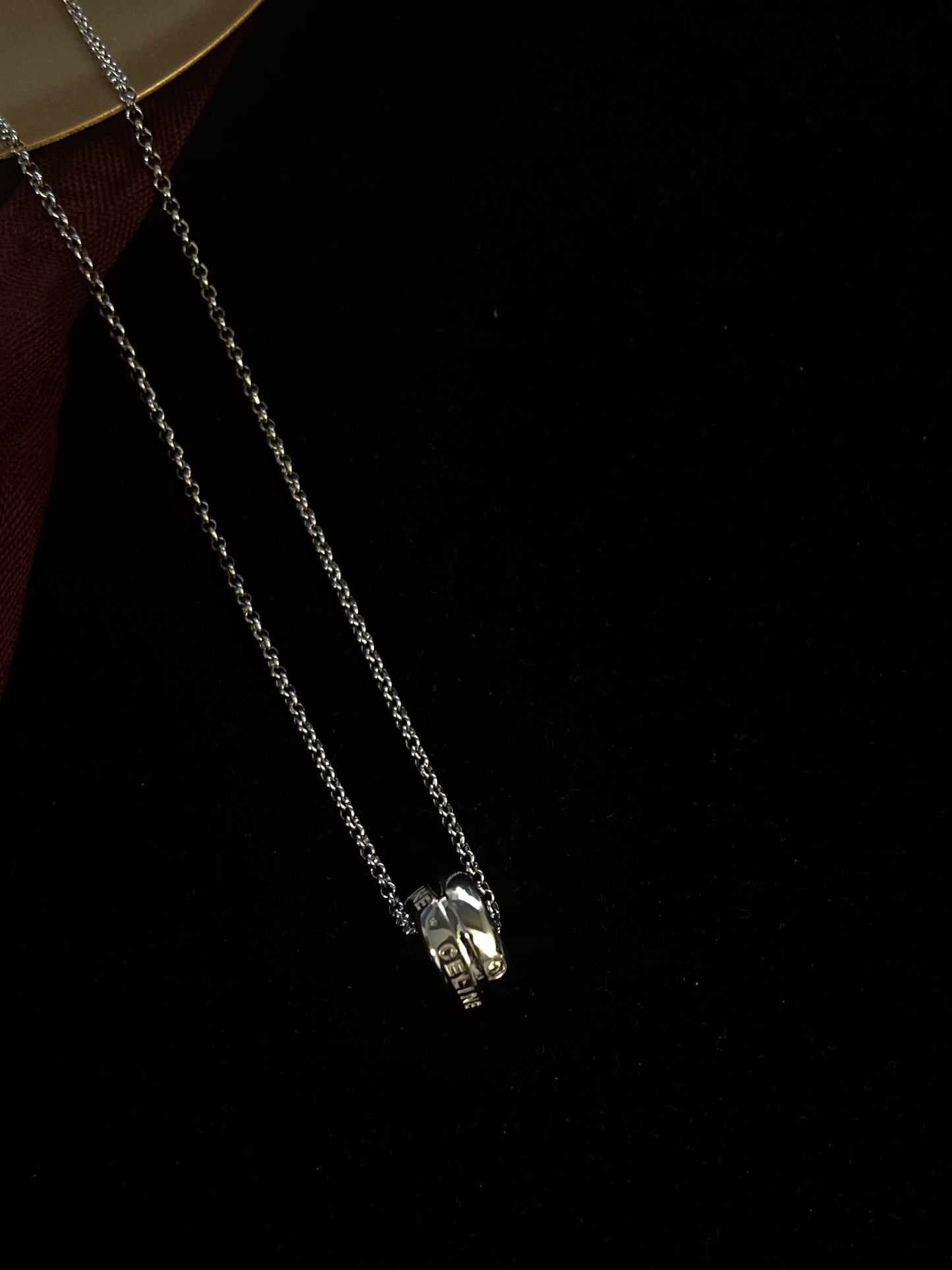 CELINE 925 Sterling Silver Logo Ring Pendant Necklace