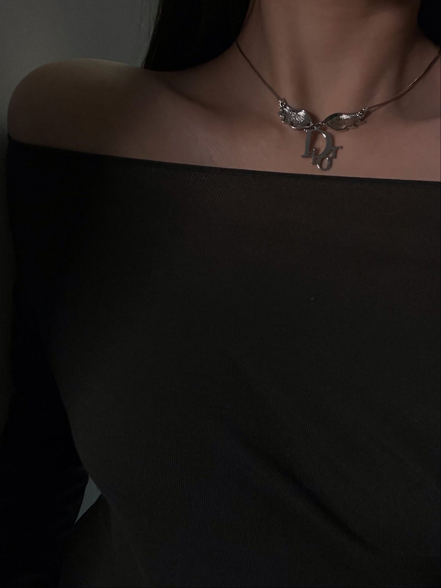 Dior Vintage Silver Angel Wing Logo Necklace
