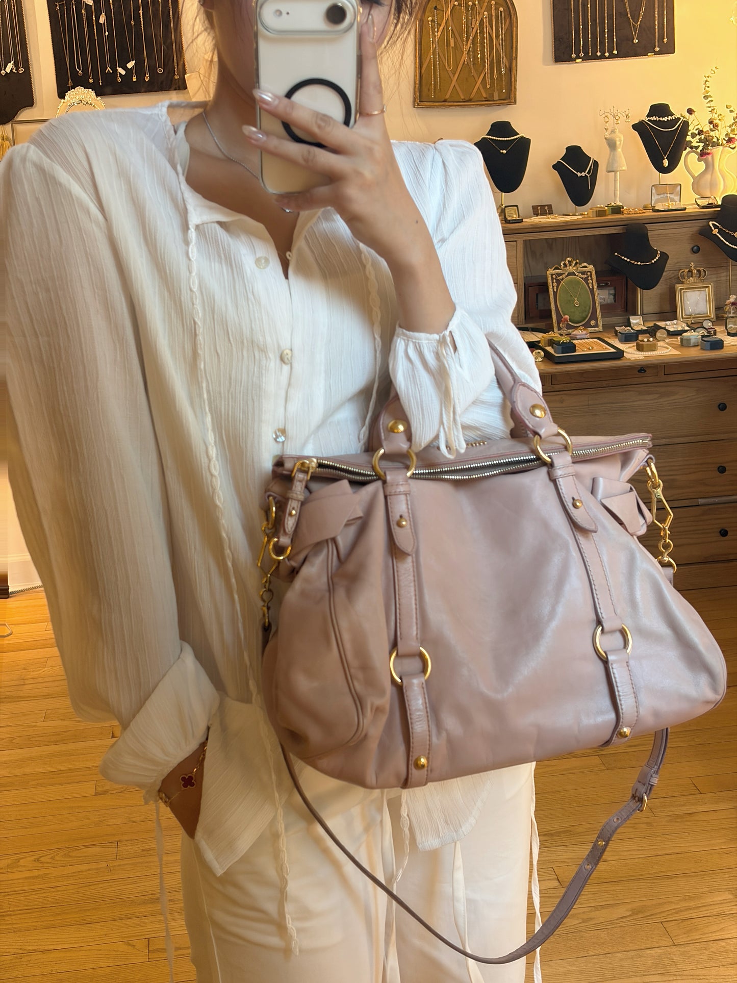Miu Miu Vitello Lux Bow Satchel – Pink
