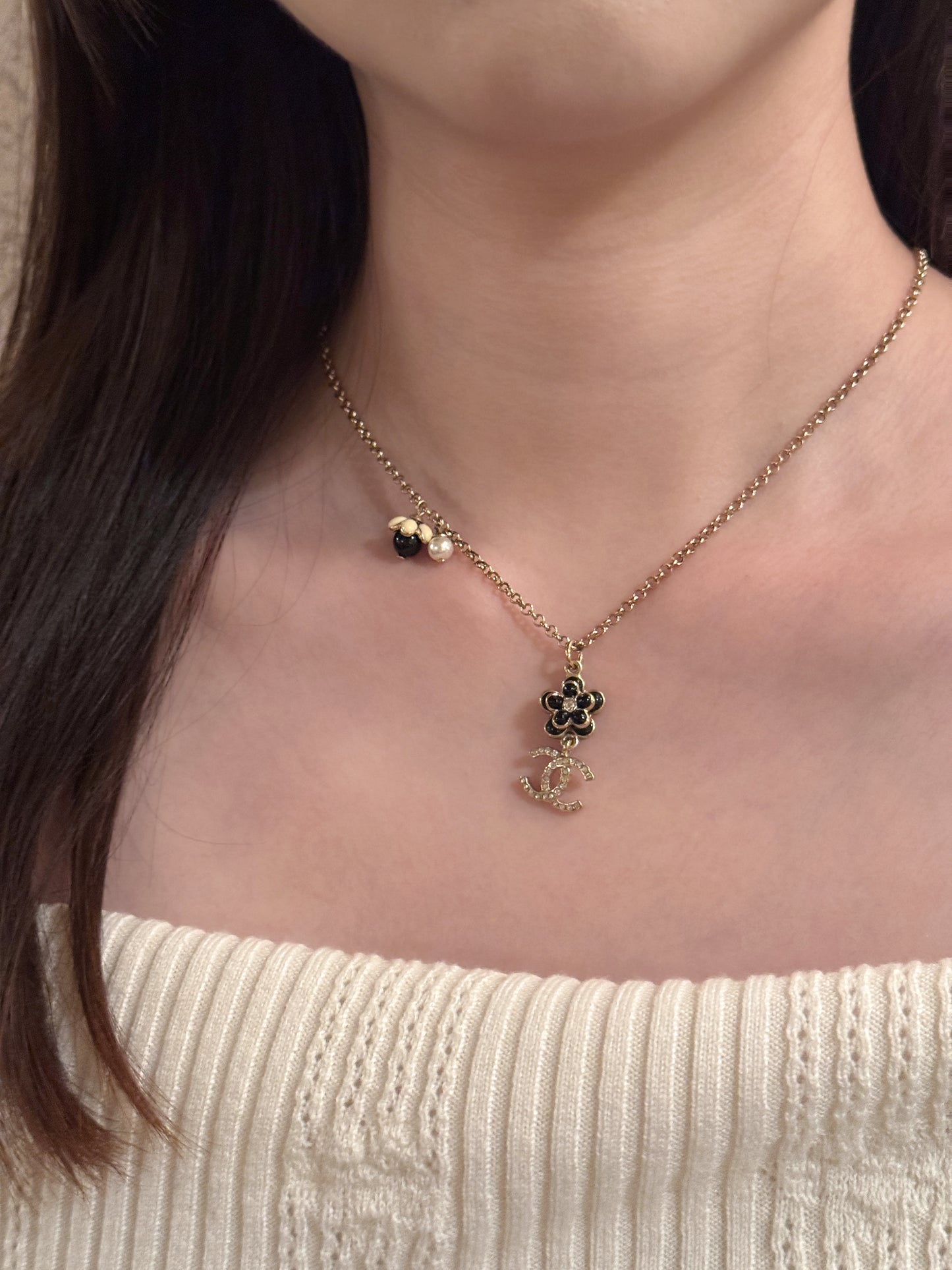 Chanel Adjustable Camellia & CC Pendant Necklace