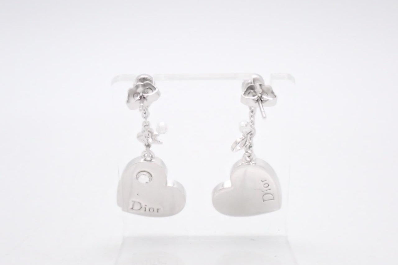 Vintage Dior Heart Charm Drop Earrings – Silver Tone