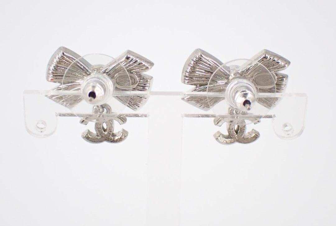 Chanel 2023 Crystal Bow CC Pearl Drop Earrings
