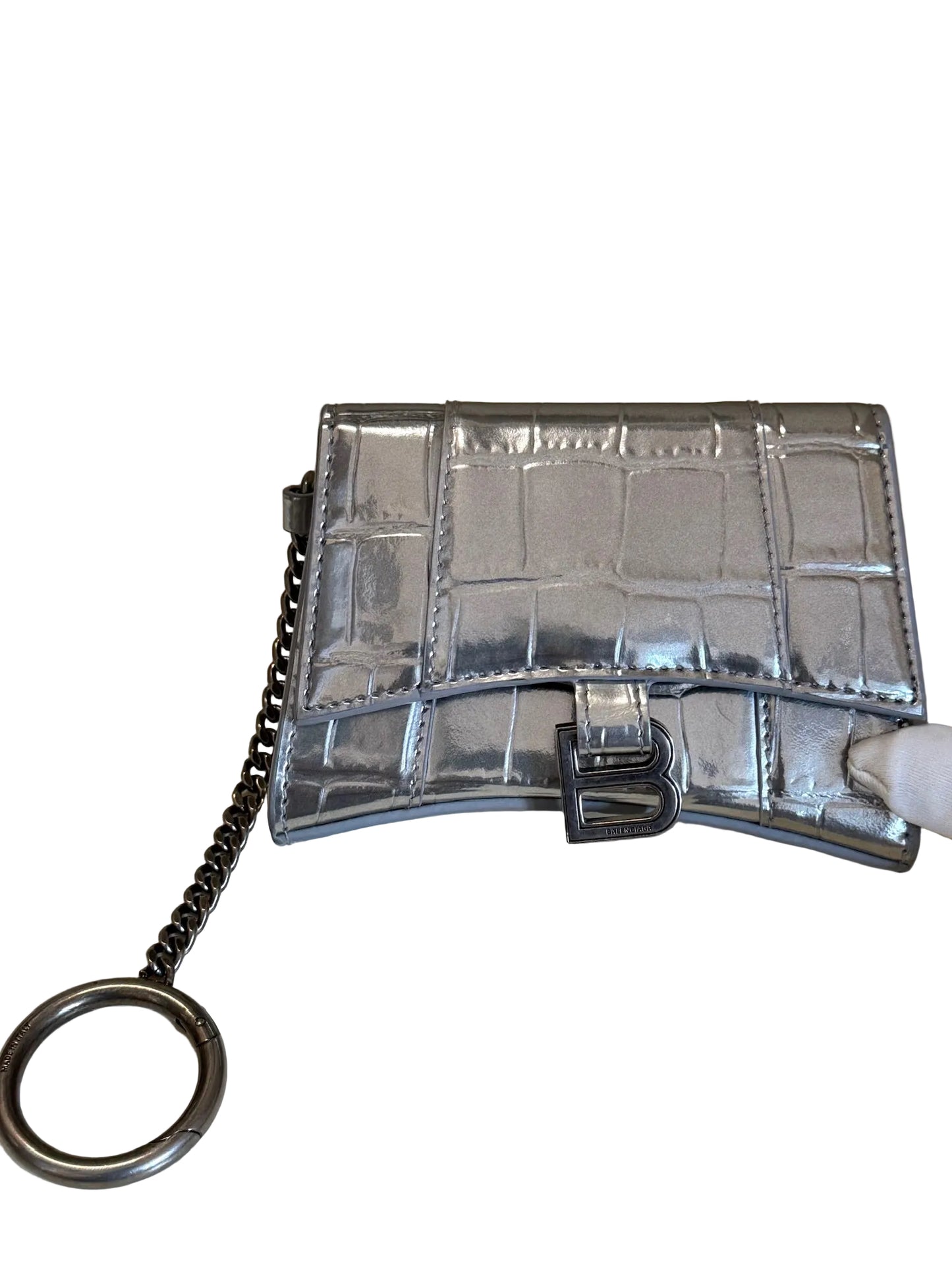 Balenciaga Nano Hourglass Metallic Silver Croc-Embossed Card Holder