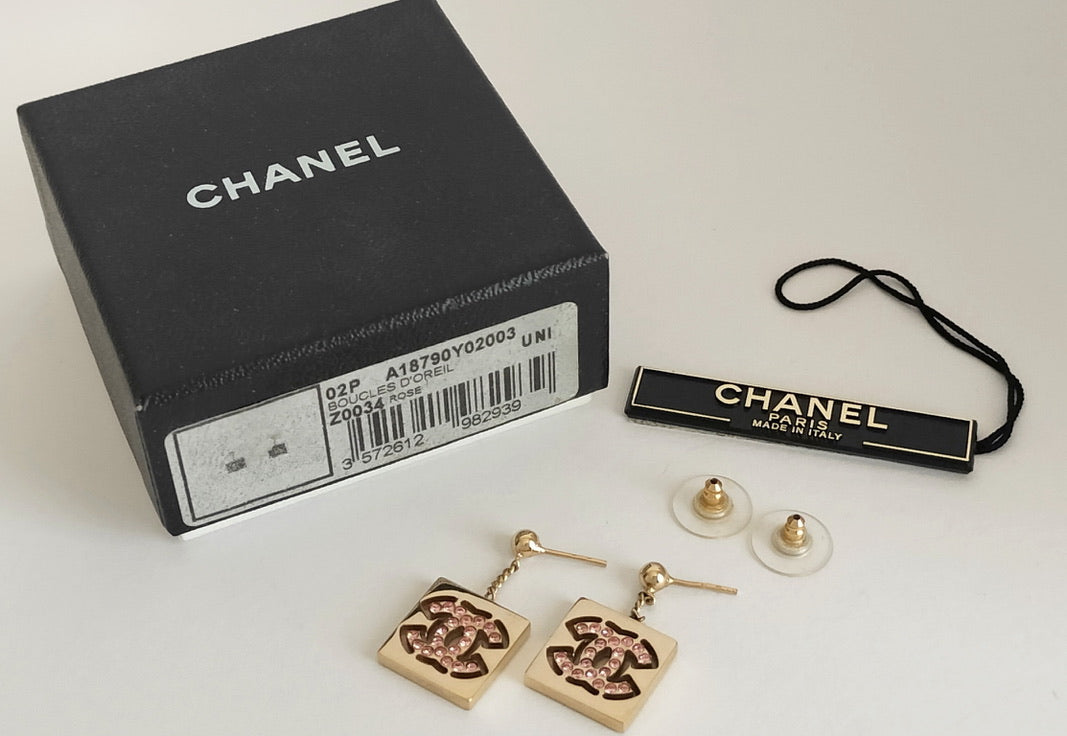 Chanel Gold-Tone Pink Crystal CC Drop Earrings