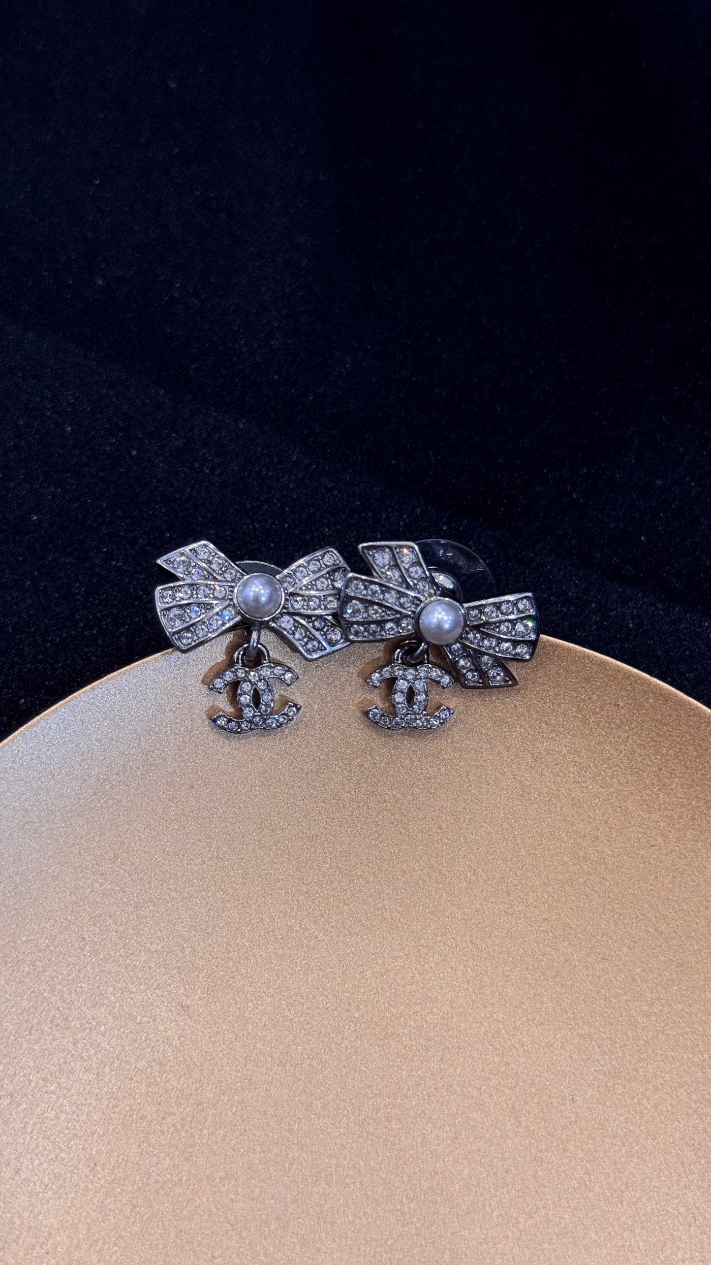 Chanel 2023 Crystal Bow CC Pearl Drop Earrings