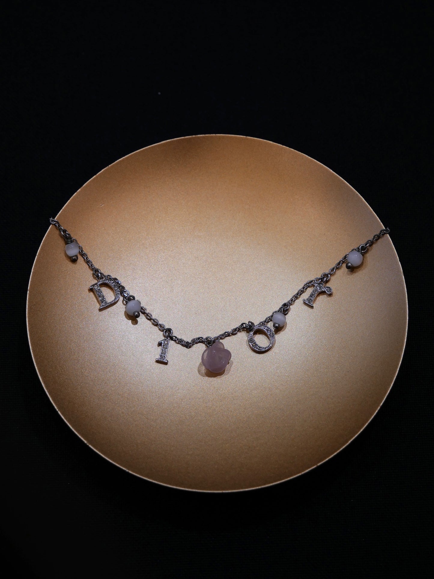 Vintage Dior Crystal Logo & Rose Charm Adjustable Choker Necklace