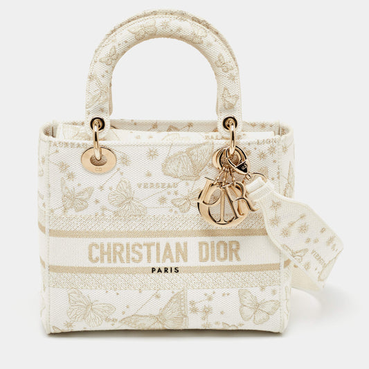 Dior Christmas Edition White Embroidered Canvas Zodiac Small Lady D-Lite Bag