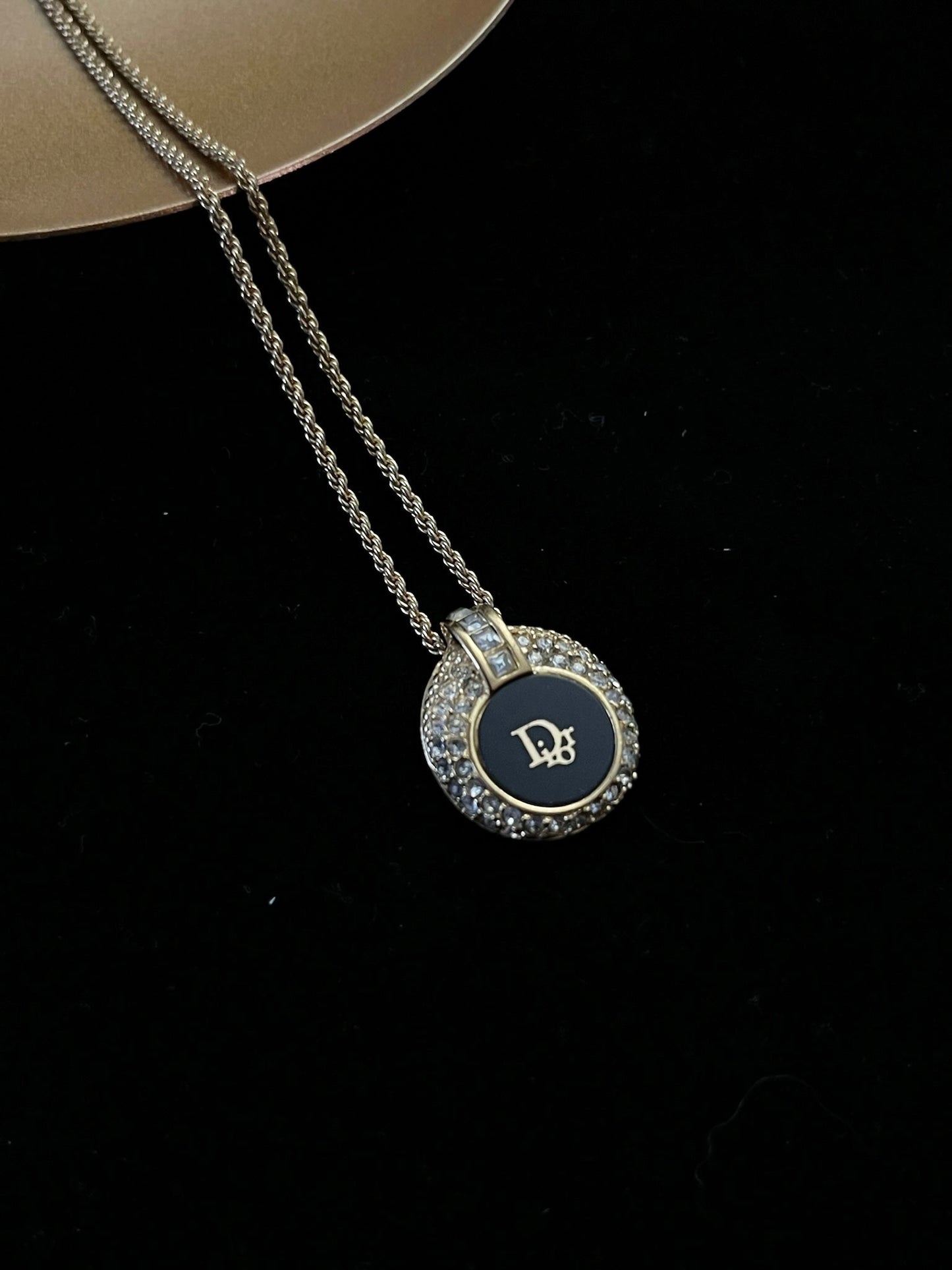 Dior Vintage Black & Gold Crystal-Edged Logo Necklace