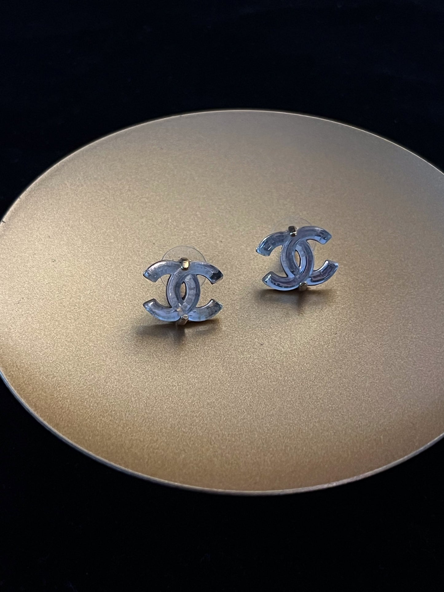 Chanel 2002 Transparent CC Plated Gold Stud Earrings