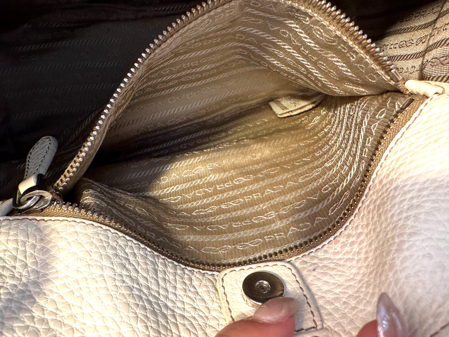 Vintage Prada Cream Pebbled Leather Shoulder Bag with Silver Hardware