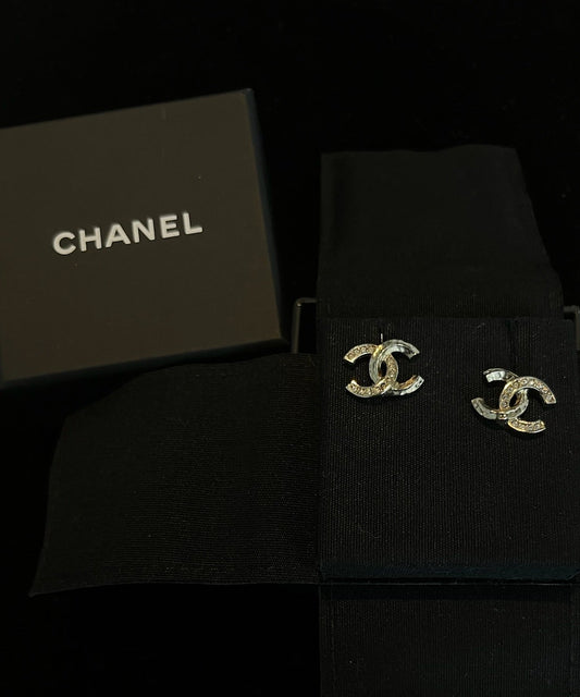 Chanel 2021 Asymmetric Crystal Double C Stud Earrings （Champagne-gold Tone）