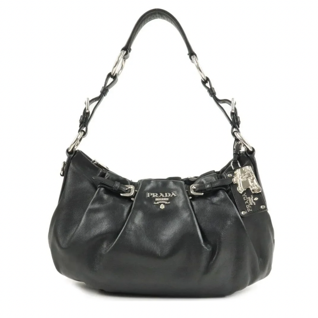 Vintage Prada Black Lambskin Ruched Shoulder Bag with Silver Hardware (Rare piece)