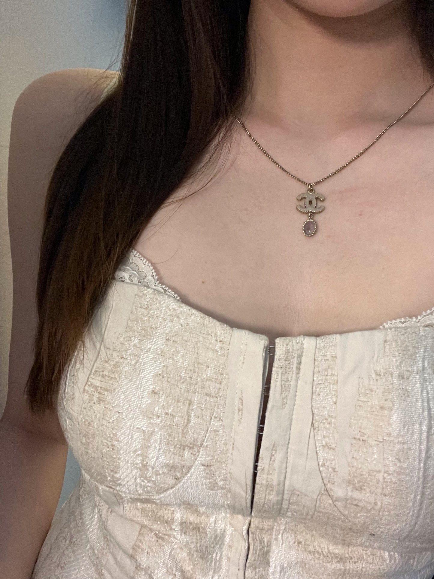Chanel 2012 Gold CC Logo Pink Crystal Drop Necklace