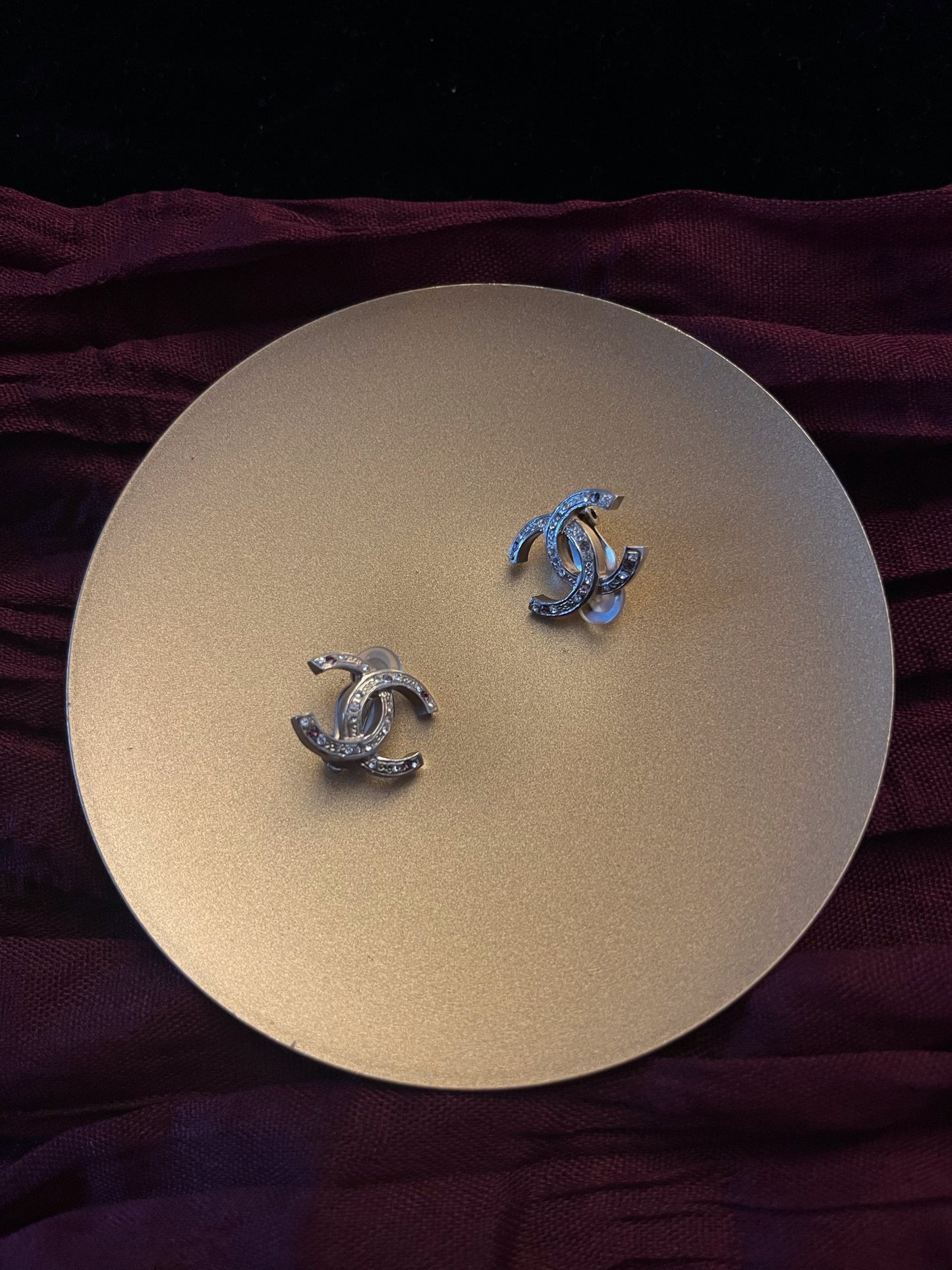 Chanel 2012 Vintage Gold-Tone Double C Pink & Royal purple Crystal Ear Clips