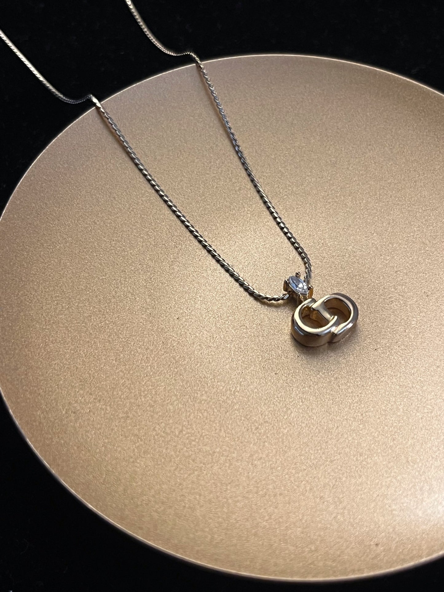 Vintage Dior Gold CD Logo Crystal Pendant Necklace