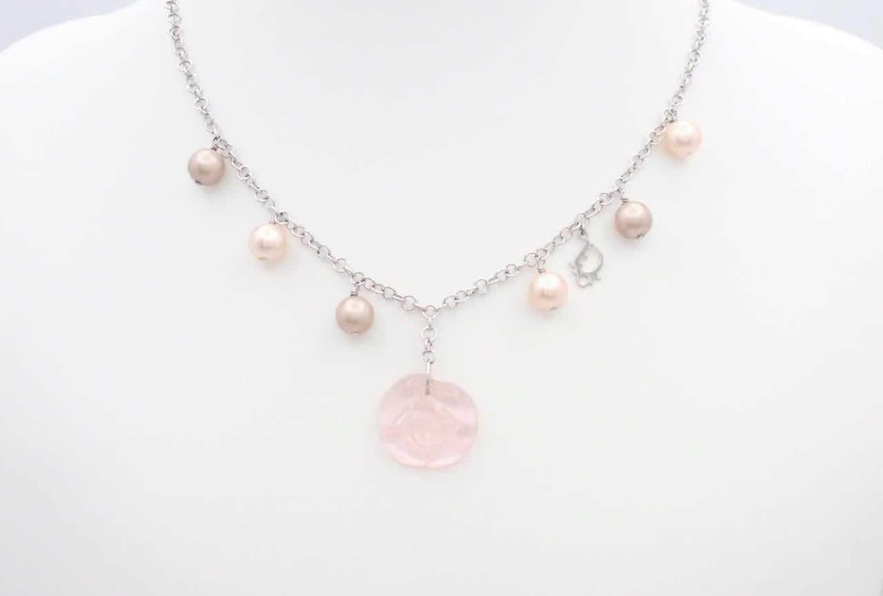 Vintage Dior Pink Rose Charm Necklace – Silver Tone