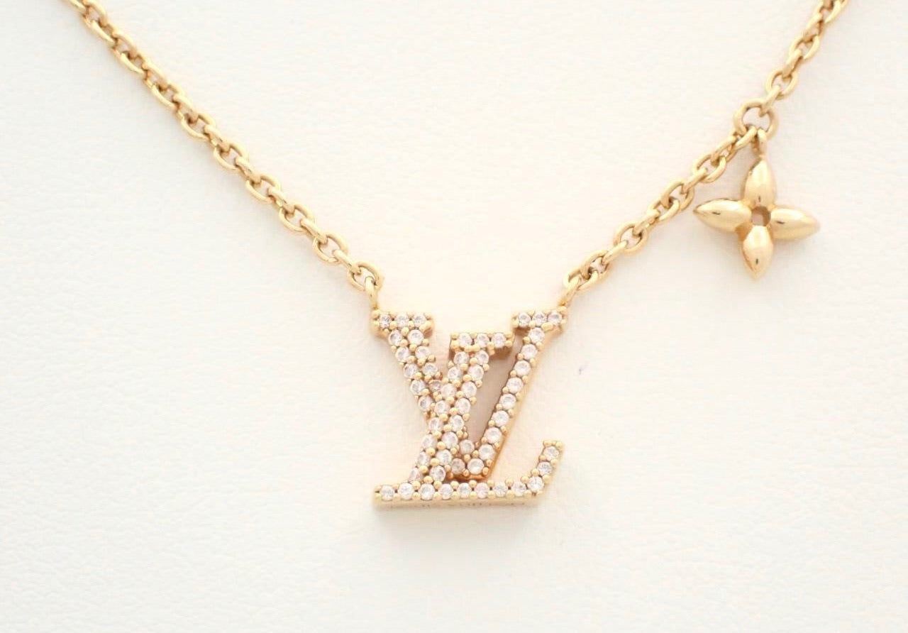 Louis Vuitton Crystal LV Pendant Necklace (Gold Tone)