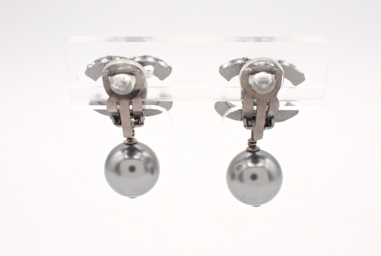 Chanel 2003 Crystal CC Grey Pearl Drop Clip-On Earrings