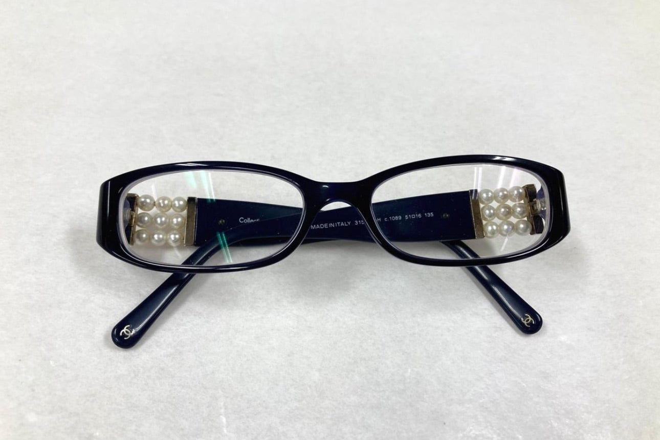 Chanel Vintage Black Slim Frame Glasses with Triple Pearl Detail