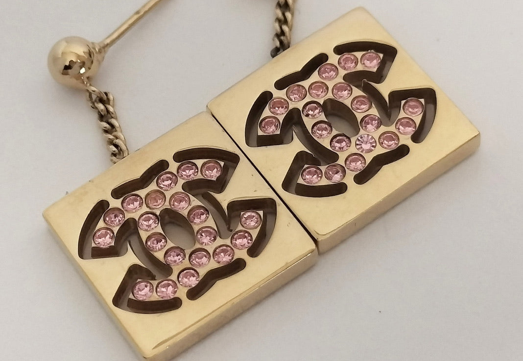Chanel Gold-Tone Pink Crystal CC Drop Earrings