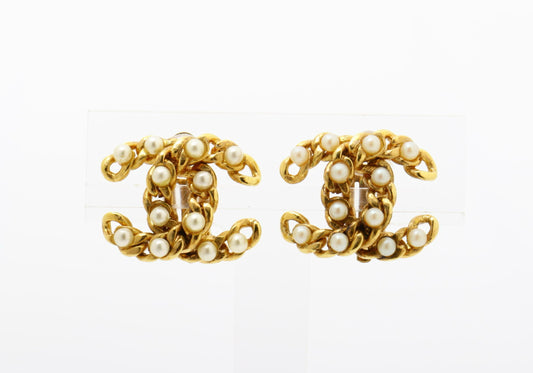 Chanel 2003 Pearl & Gold CC Clip-On Earrings