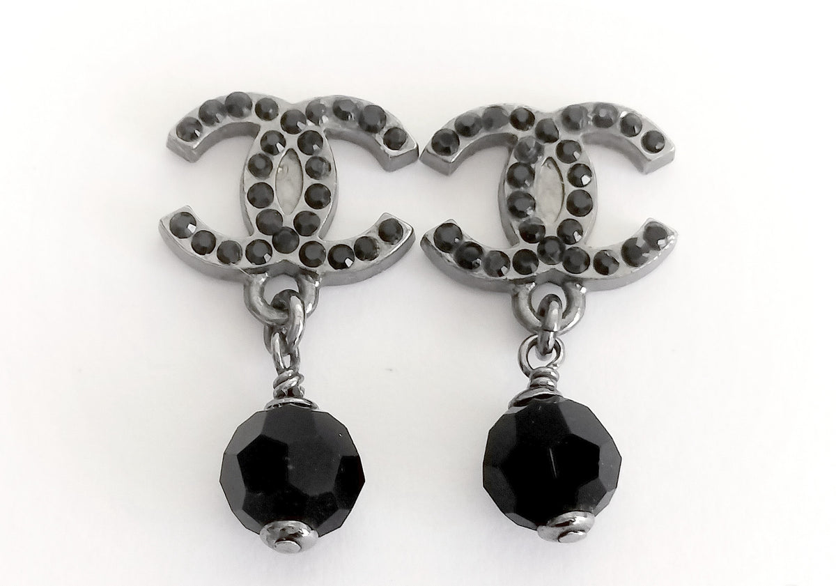 Chanel All Black Crystal CC Drop Earrings
