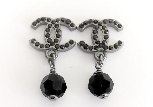 Chanel All Black Crystal CC Drop Earrings