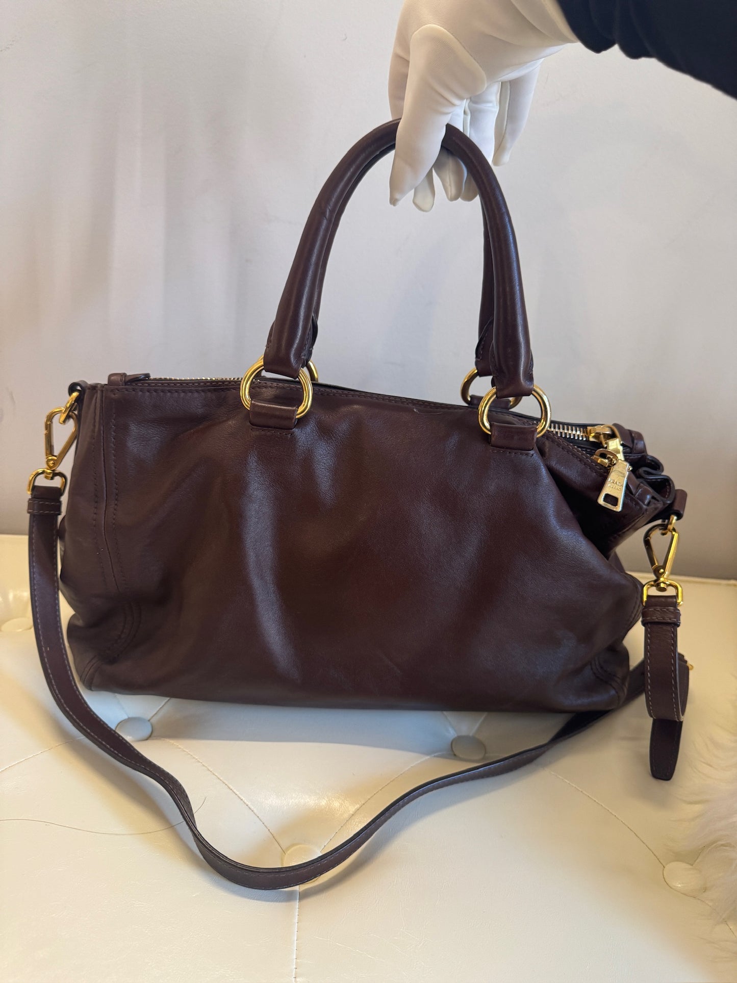 Prada Leather Top Handle Handbag – Dark Brown Large