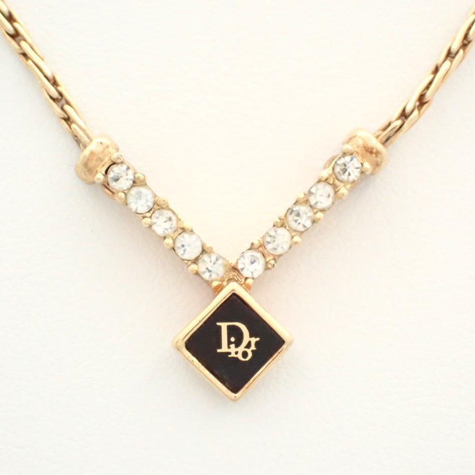 Dior Vintage Crystal V Pendant Necklace (Gold Tone)