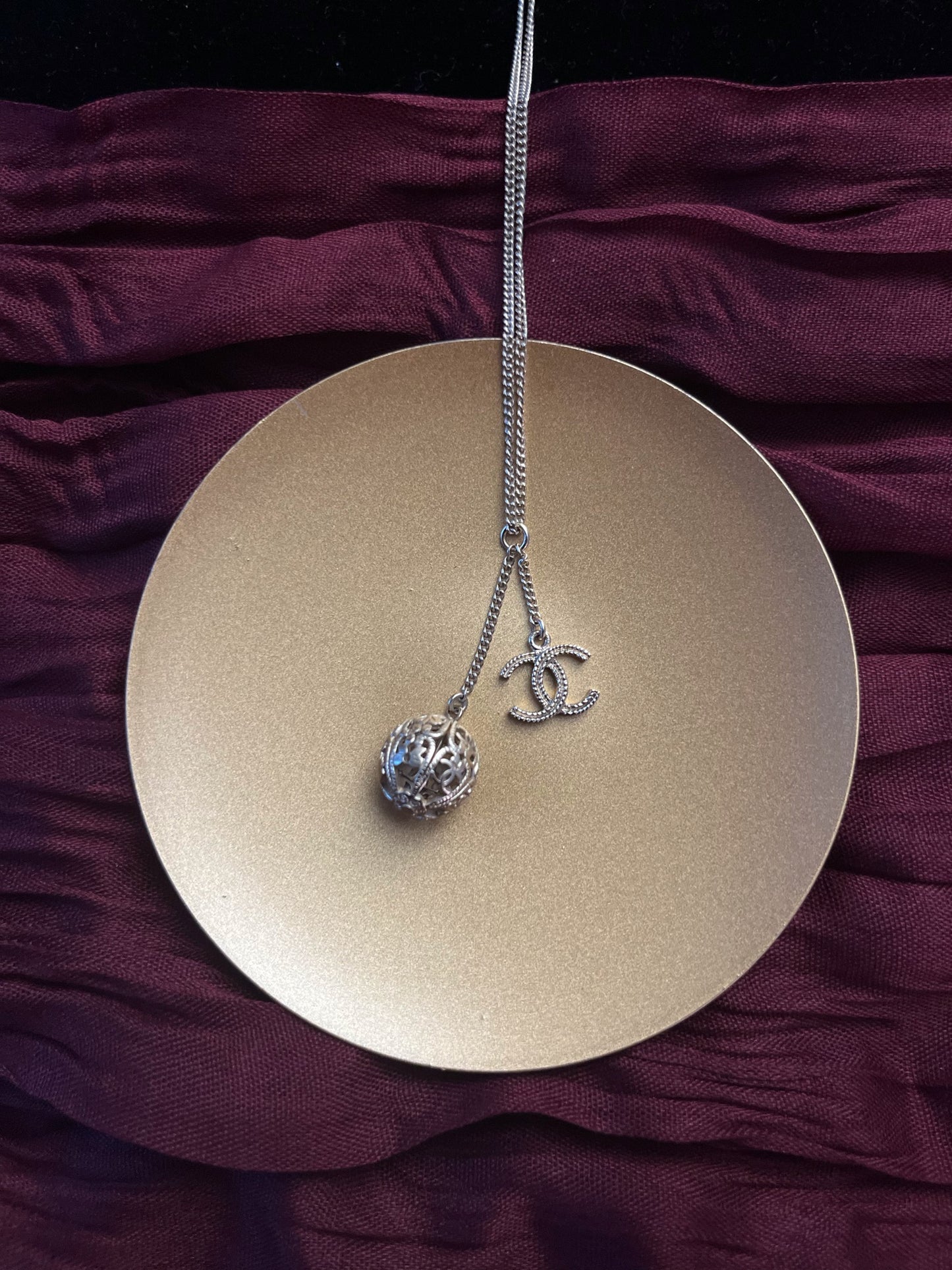 Chanel 2006 Champagne-Gold Filigree Sphere & CC Charm Necklace