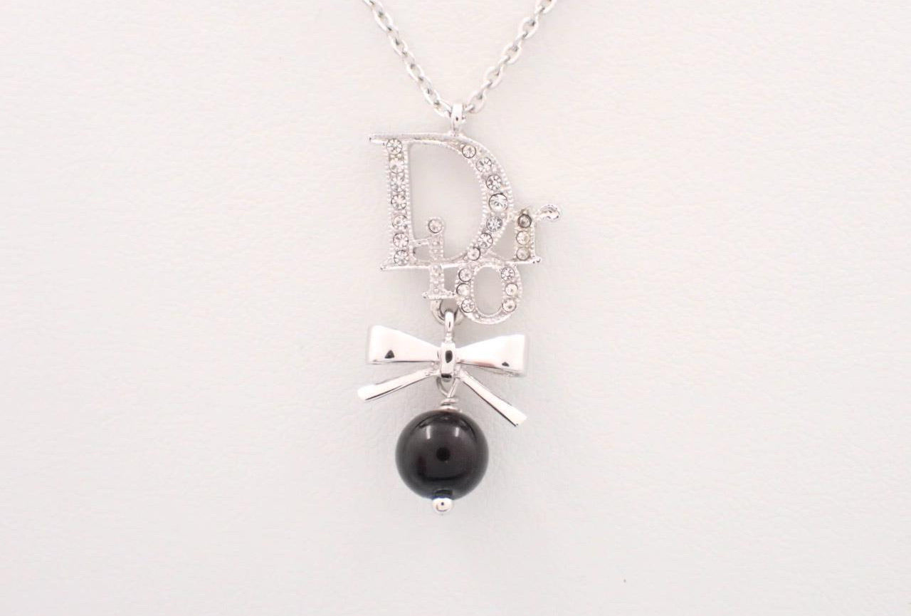 Dior Vintage Black and Silver Bow Crystal Embellished Pearl Drop Necklace