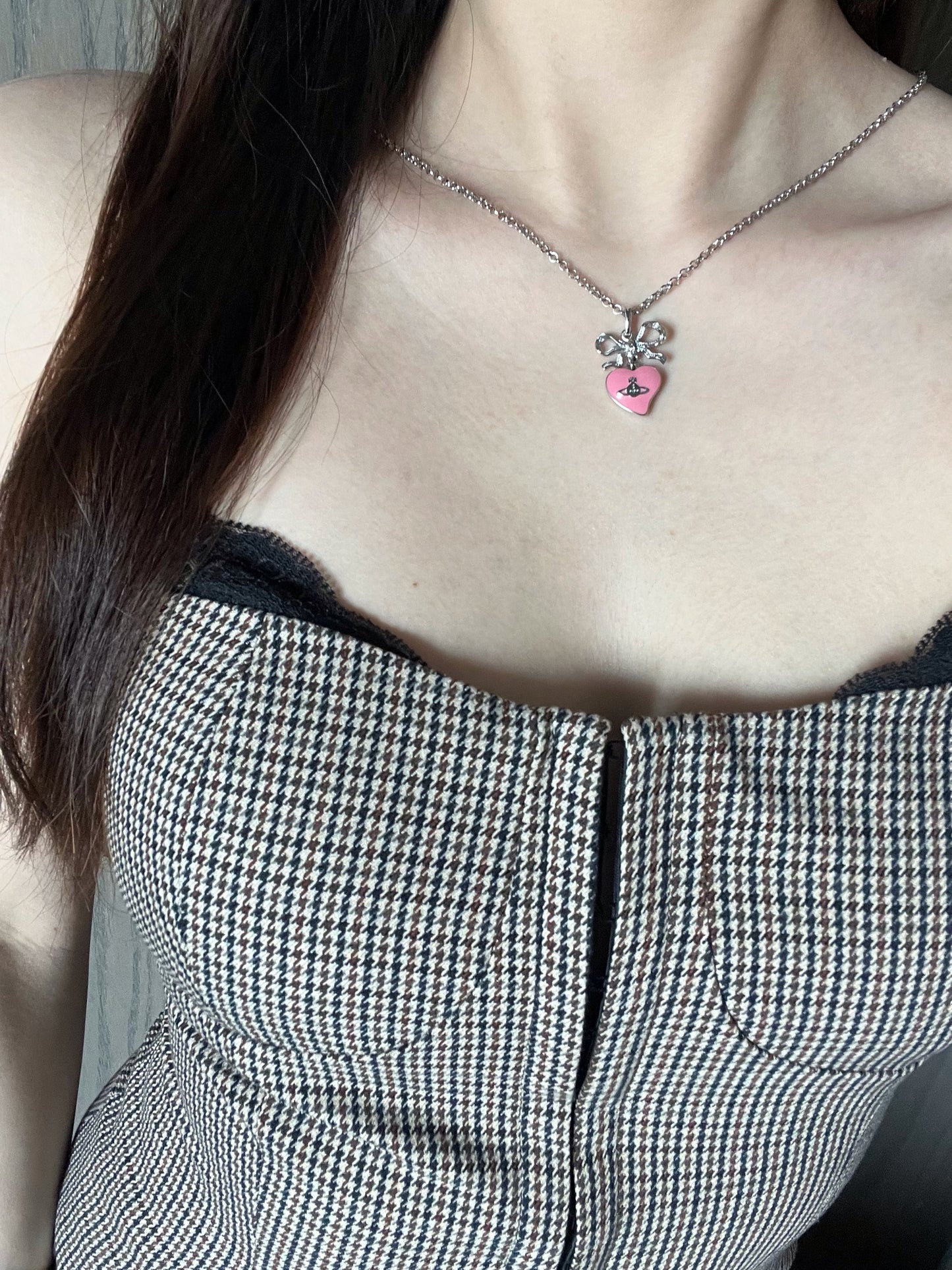 Vintage Vivienne Westwood Silver Bow Double-Sided Pink Heart Orb Necklace