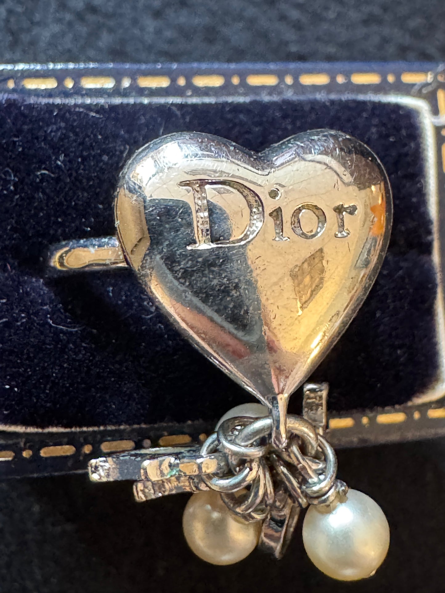 Christian Dior Heart Logo Pearl Charm Ring