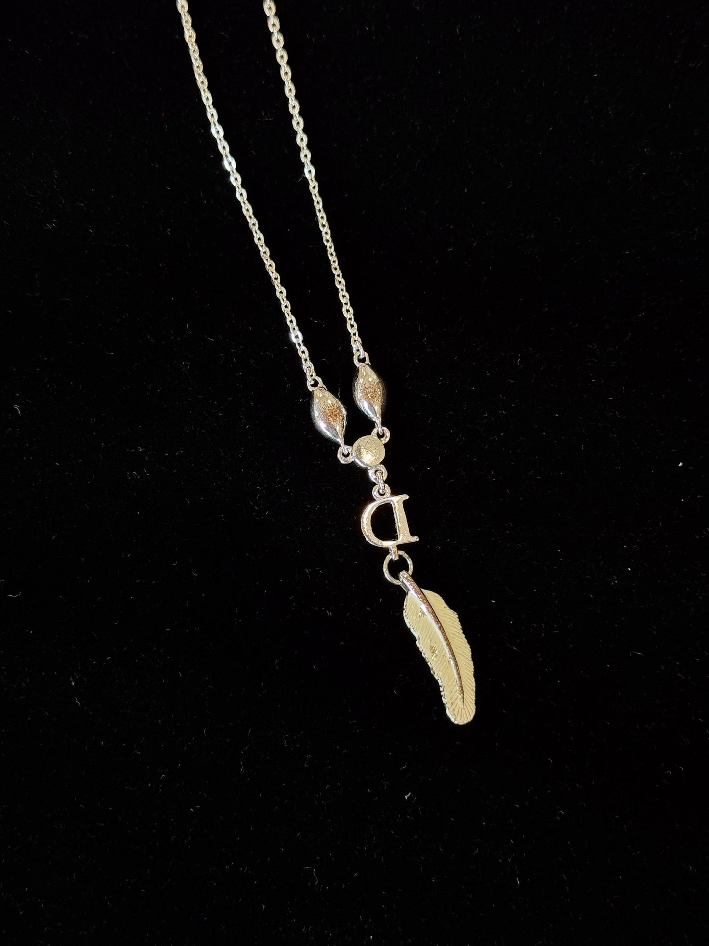 Vintage Dior Feather Charm Necklace – Silver Tone