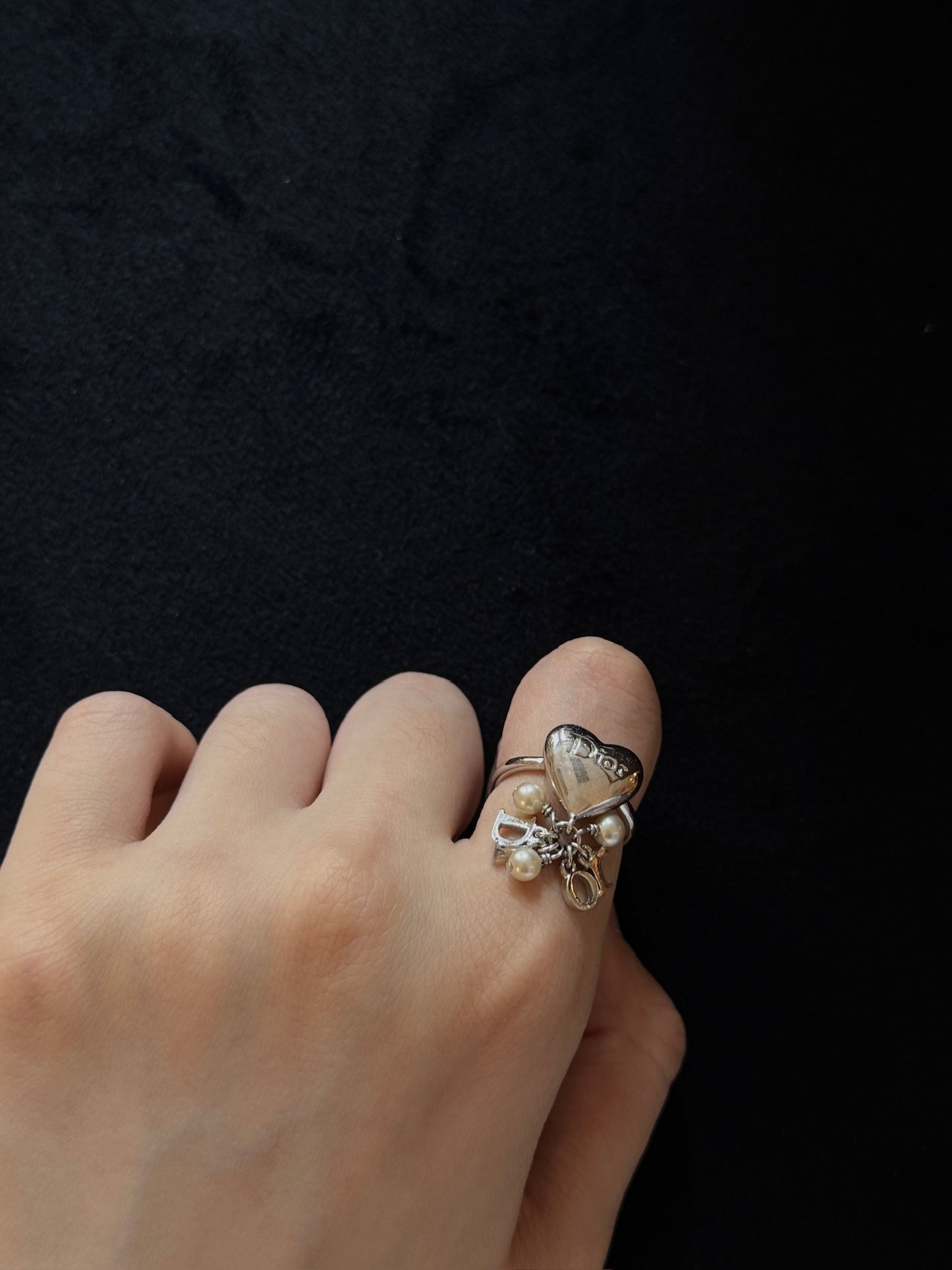 Christian Dior Heart Logo Pearl Charm Ring