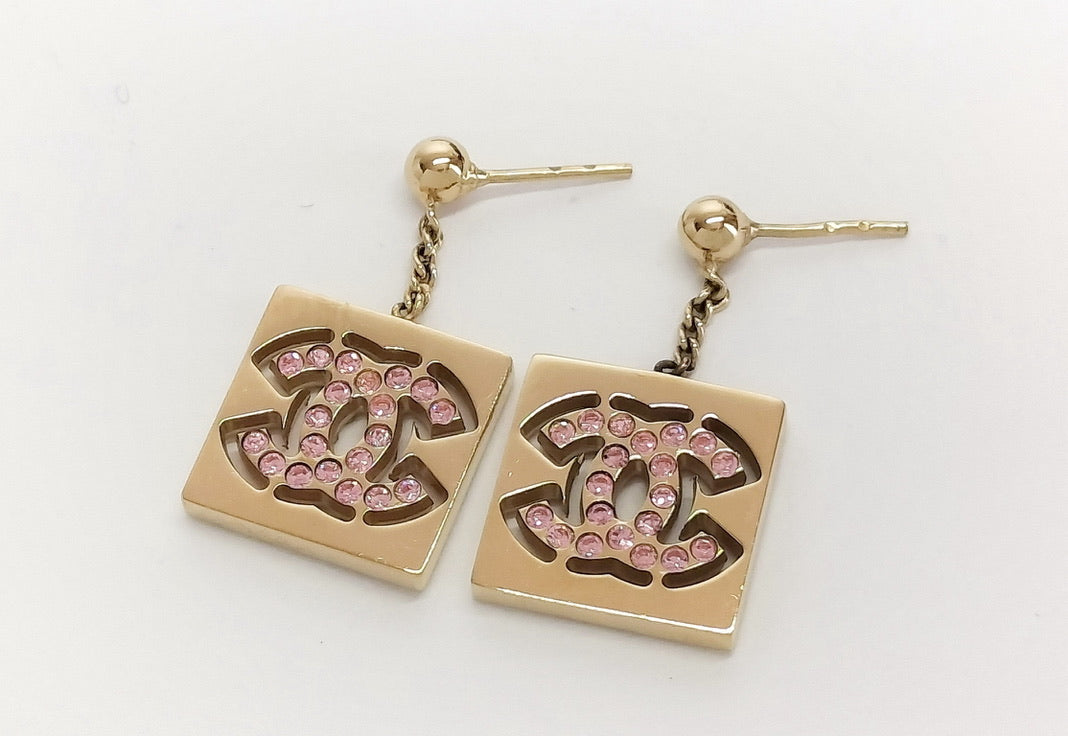 Chanel Gold-Tone Pink Crystal CC Drop Earrings