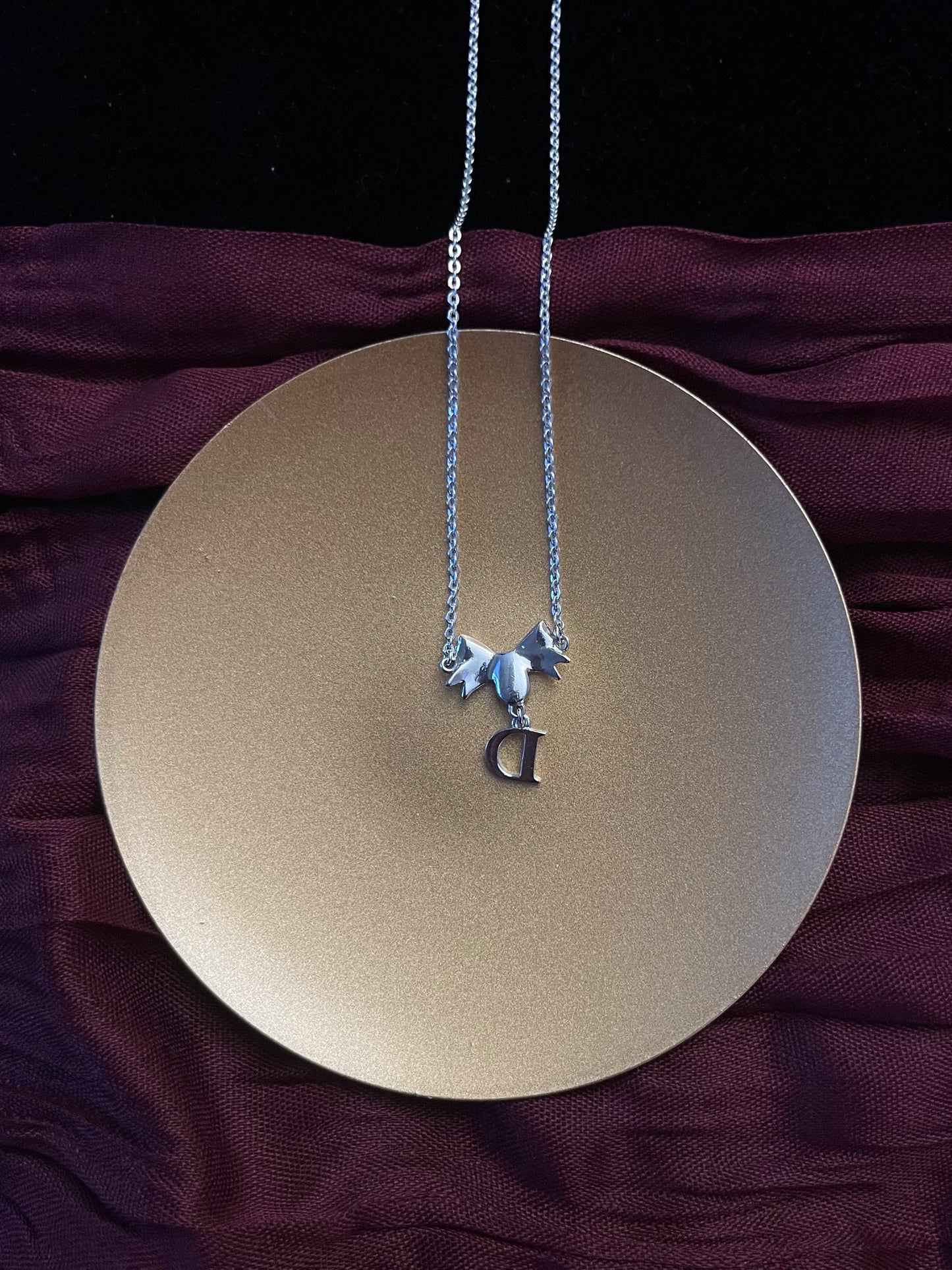 Vintage Dior Silver Bow & Crystal 'D’ Logo Pendant Necklace